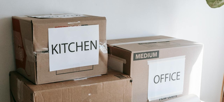 Packed and labeled cardboard boxes