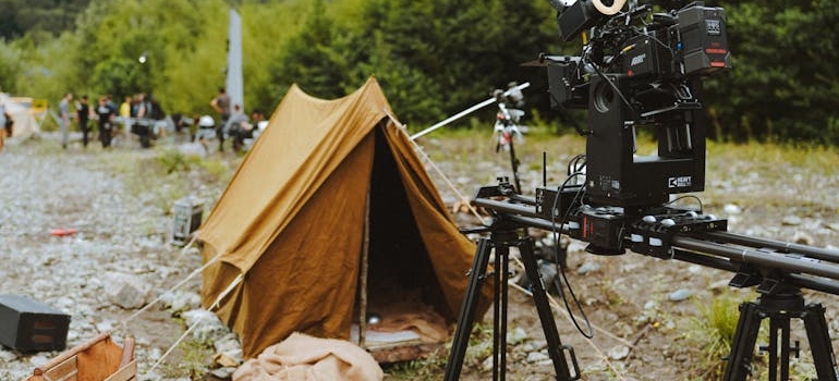 a tent and movie equipment 