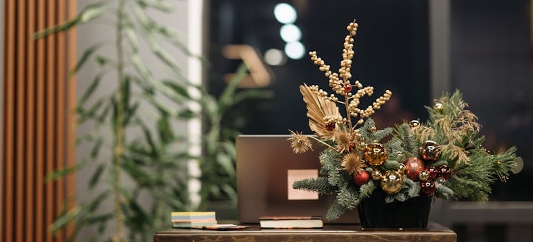 office decorated for Christmas